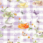 Patterned cups and saucers with floral designs and butterflies on a purple checkered background.