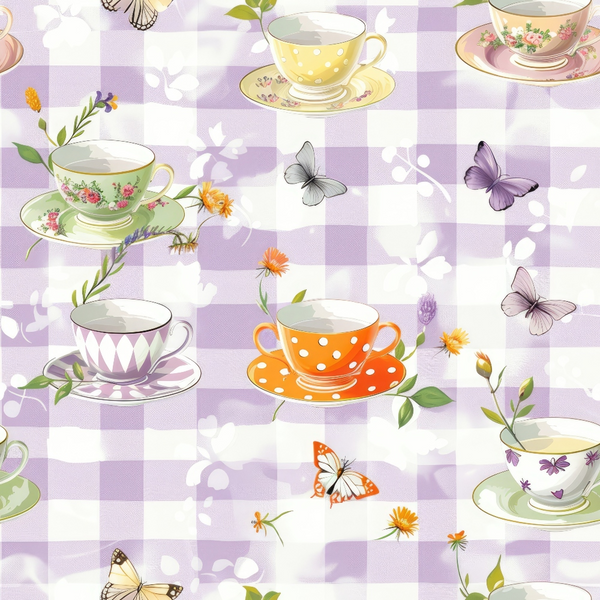 Patterned cups and saucers with floral designs and butterflies on a purple checkered background.