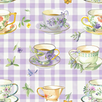Illustration of various floral teacups and saucers on a lavender checkered background with scattered small flowers and leaves.