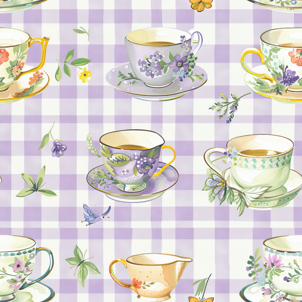Illustration of various floral teacups and saucers on a lavender checkered background with scattered small flowers and leaves.