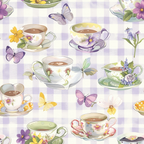 A pattern of teacups filled with coffee, surrounded by flowers and butterflies, on a light purple checkered background.
