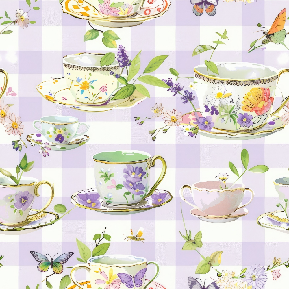 Pattern of floral teacups and saucers with butterflies on a lavender checkered background.