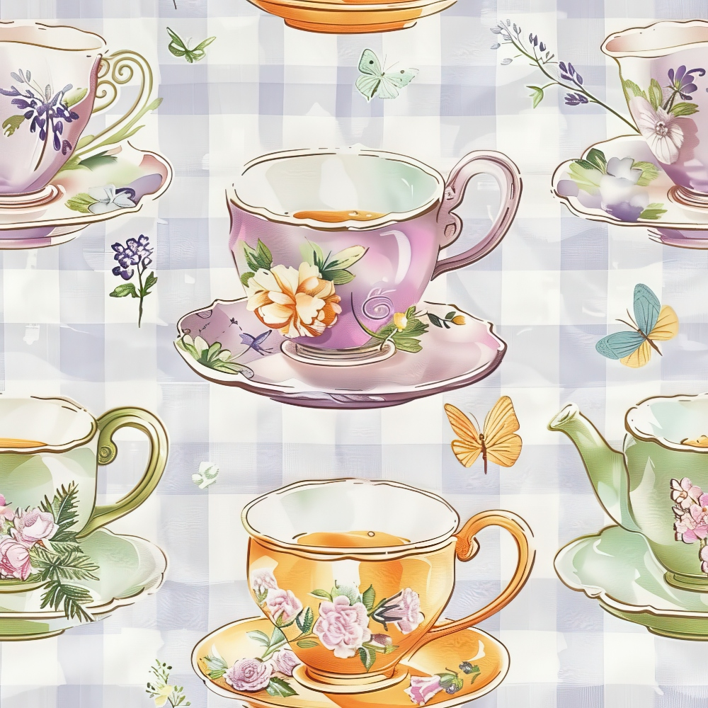Illustrated pattern of floral teacups and saucers with butterflies and plants on a checkered background.