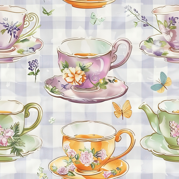 Illustrated pattern of floral teacups and saucers with butterflies and plants on a checkered background.