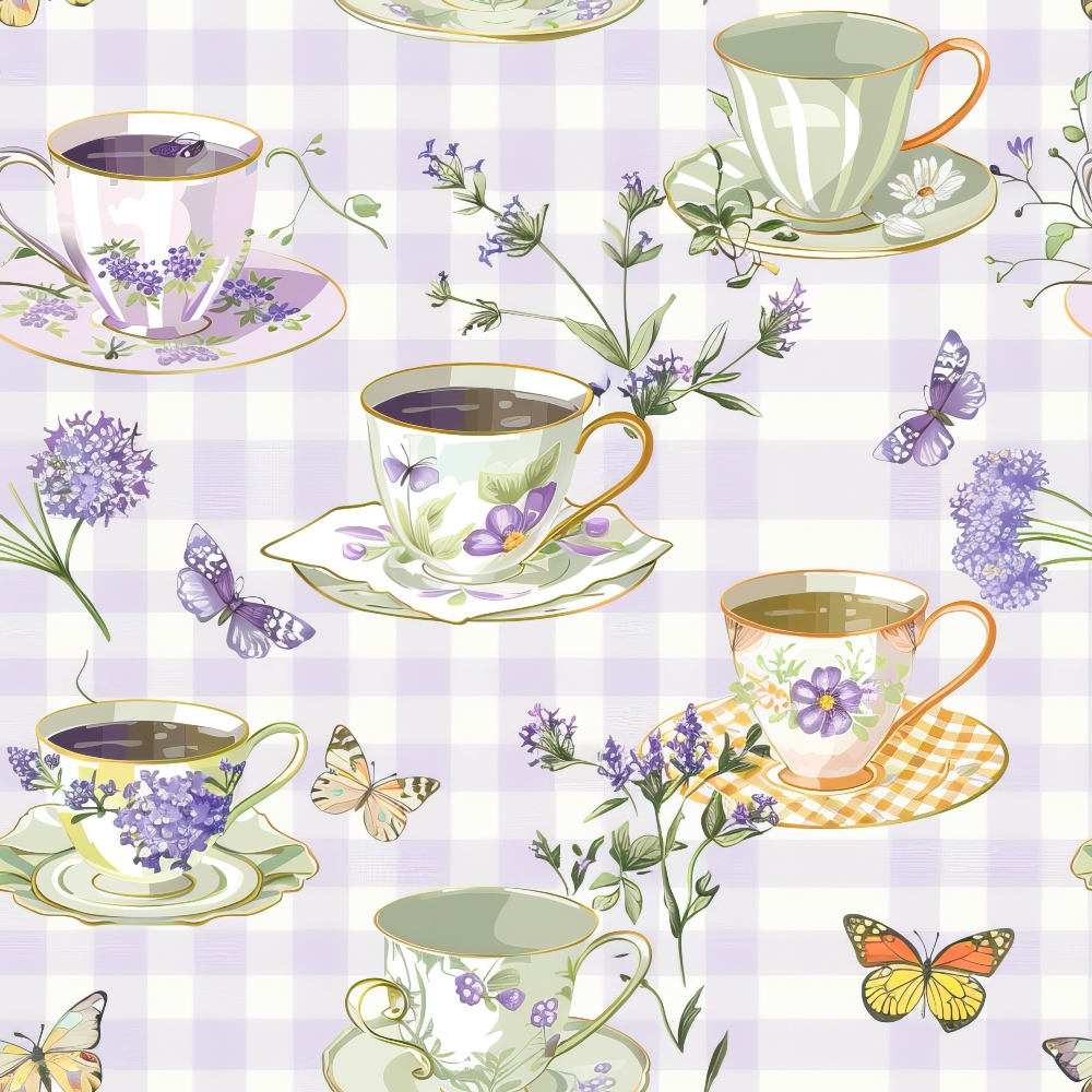 Pattern of teacups with floral designs, butterflies, and lavender sprigs on a pastel purple and white checkered background.
