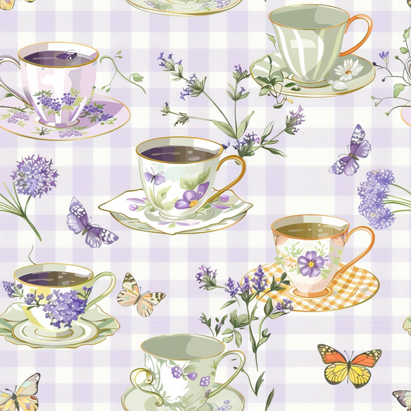Pattern of teacups with floral designs, butterflies, and lavender sprigs on a pastel purple and white checkered background.