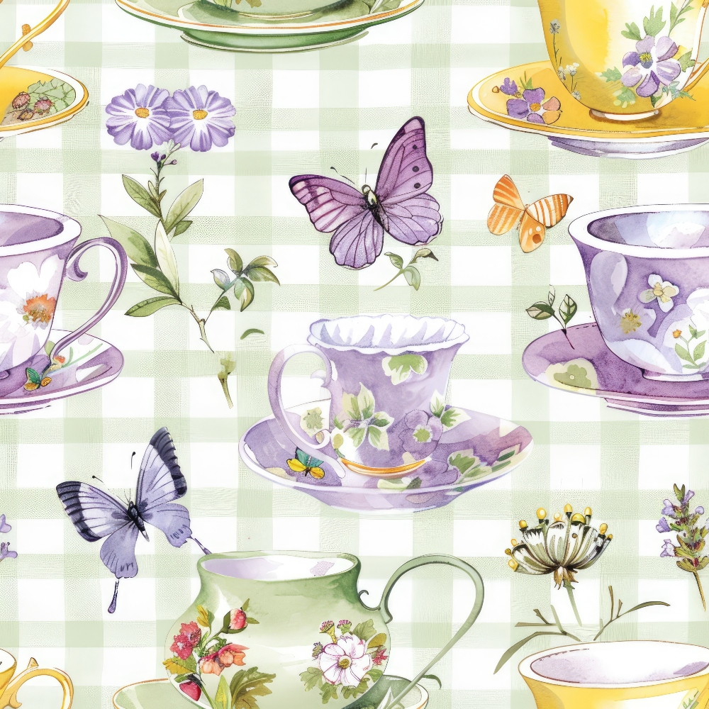 Illustration of colorful teacups and teapots with floral designs, butterflies, and small flowers on a green checkered background.