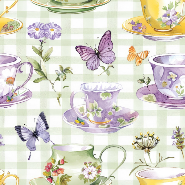 Illustration of colorful teacups and teapots with floral designs, butterflies, and small flowers on a green checkered background.
