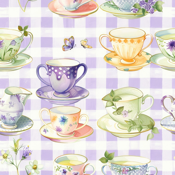 Illustrated pattern of colorful teacups and saucers with floral designs on a lavender checkered background, featuring small flowers and butterflies.