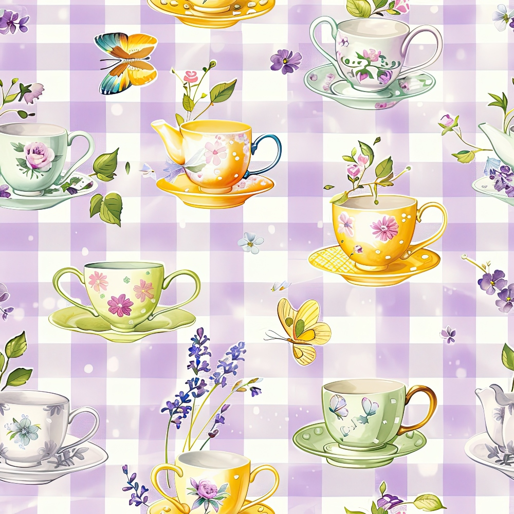 Illustrated tea cups and saucers with floral designs and butterflies are arranged on a purple checkered background.