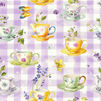 Illustrated tea cups and saucers with floral designs and butterflies are arranged on a purple checkered background.