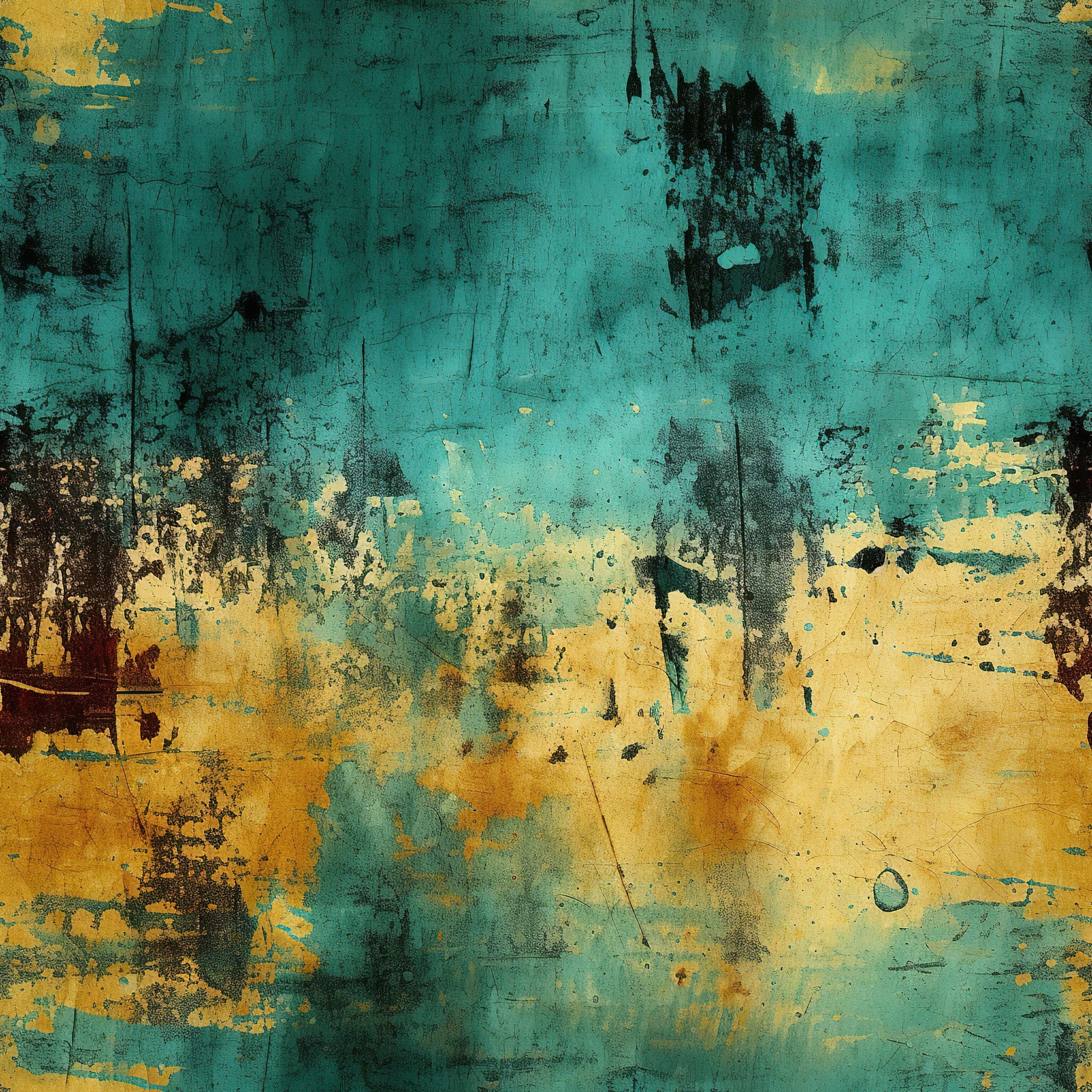 teal, turquoise, golden yellow, amber, black, brown, grunge pattern, distressed texture, weathered surface, abstract design, vintage style, aged appearance, peeling paint effect, rustic mood,, fabric panel, worn finish, industrial aesthetic, textured background, artistic surface