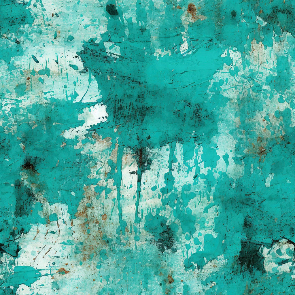teal, turquoise, aqua, white, grunge pattern, distressed texture, weathered surface, peeling paint, abstract design, vintage style, rustic finish,, fabric panel, artistic splashes, aged appearance, textured background, modern grunge, crafting material, sewing fabric, contemporary art