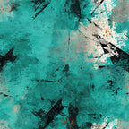 teal, turquoise, aqua, black, white, gray, orange accents, grunge pattern, abstract design, distressed texture, weathered surface, splatter marks, brush strokes, urban art style, edgy mood,, fabric panel, artistic background, paint splatters, textured surface