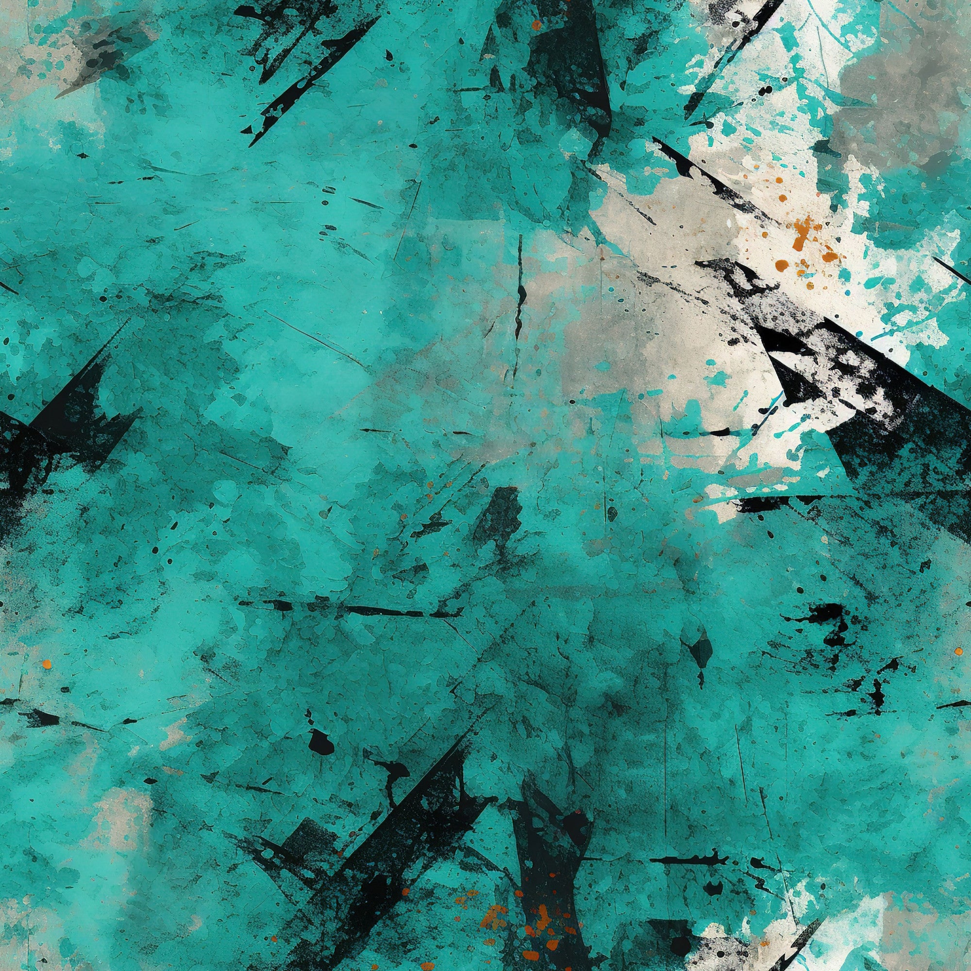 teal, turquoise, aqua, black, white, gray, orange accents, grunge pattern, abstract design, distressed texture, weathered surface, splatter marks, brush strokes, urban art style, edgy mood,, fabric panel, artistic background, paint splatters, textured surface