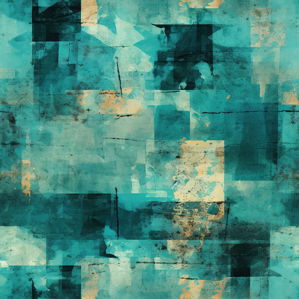 teal, turquoise, aqua, beige, tan, grunge, distressed, abstract, geometric, squares, rectangles, layered, textured, weathered, vintage, artistic, moody,, fabric panel, contemporary
