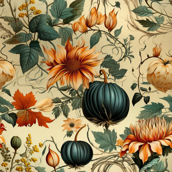 autumn botanical, pumpkins, sunflowers, orange blooms, teal green, cream background, vine pattern, fall leaves, yellow berries,, fabric panel, thanksgiving theme, harvest motifs, floral design, botanical illustration, seasonal pattern, autumn colors, decorative gourds, nature elements, vintage style