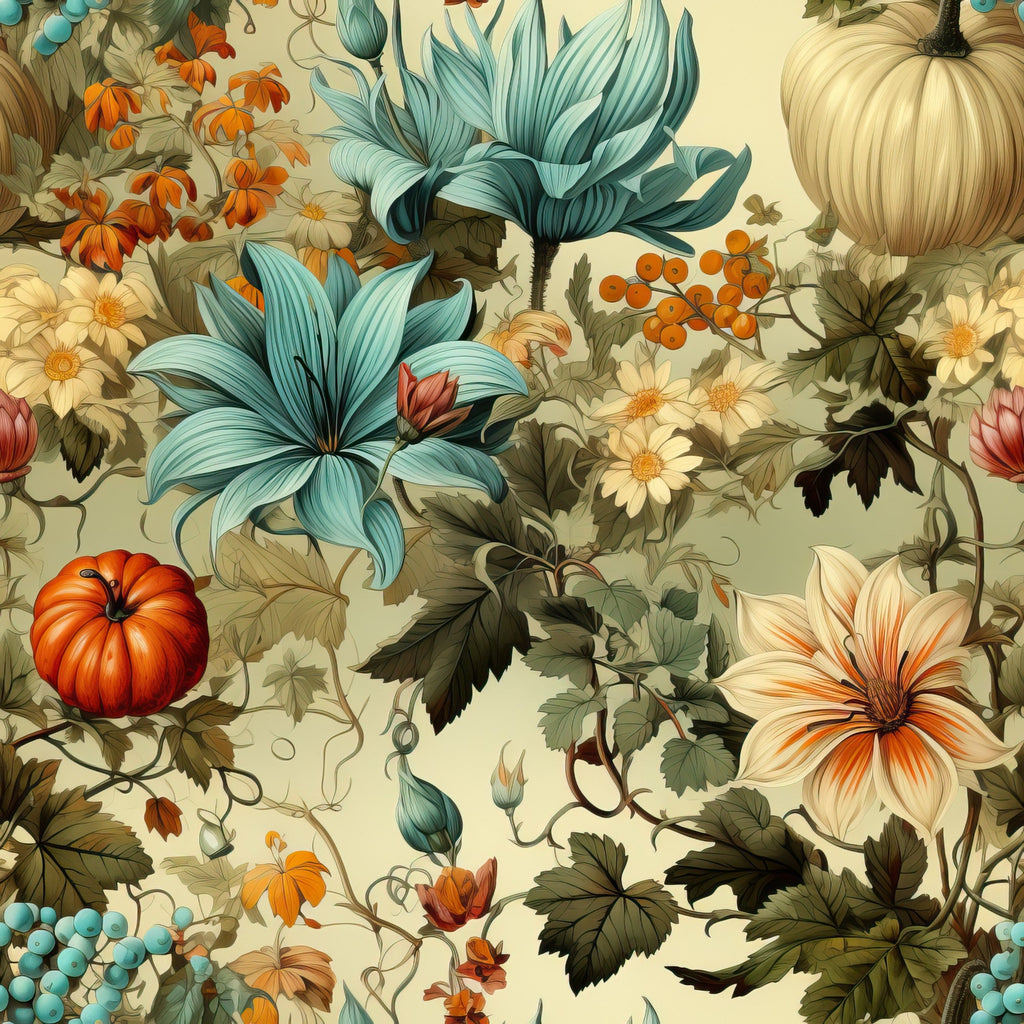 thanksgiving, autumn colors, orange pumpkins, teal flowers, cream background, botanical pattern, fall foliage, orange berries,, fabric panel, floral design, harvest theme, vintage style, decorative leaves, seasonal motifs, elegant pattern, warm tones, nature elements, cotton fabric