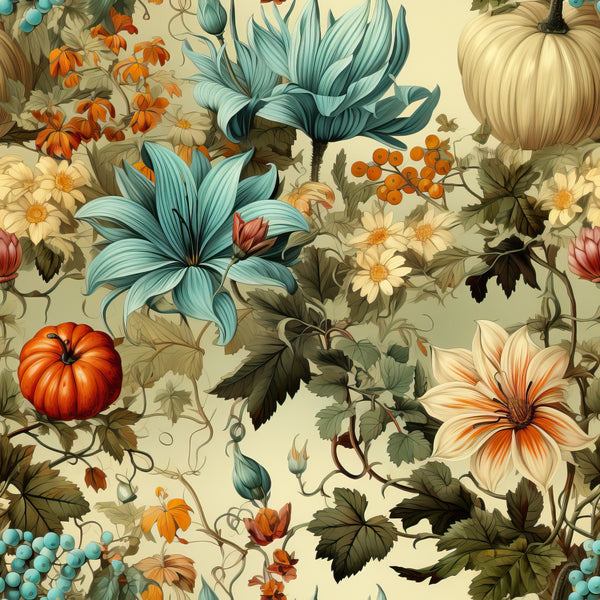 thanksgiving, autumn colors, orange pumpkins, teal flowers, cream background, botanical pattern, fall foliage, orange berries,, fabric panel, floral design, harvest theme, vintage style, decorative leaves, seasonal motifs, elegant pattern, warm tones, nature elements, cotton fabric