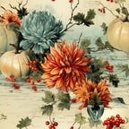 orange, cream, sage green, red berries, autumn flowers, pumpkins, dahlia blooms, botanical illustration, harvest theme, thanksgiving motif,, fabric panel, rustic wooden background, fall foliage, vine branches, warm tones, floral arrangement, seasonal elements, cottage style, muted pastels