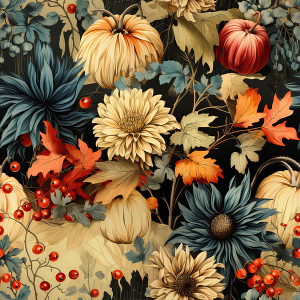 autumn foliage, pumpkins, orange, burgundy, teal, cream, beige, floral pattern, chrysanthemums, maple leaves, red berries, thanksgiving theme, fall colors, botanical design,, fabric panel, harvest motif, seasonal pattern, warm tones, vintage style