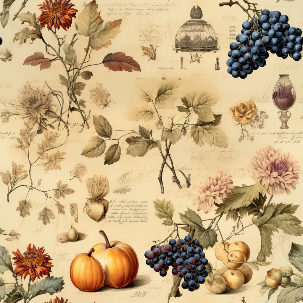 beige background, autumn colors, orange pumpkins, purple grapes, botanical illustrations, vintage style, fall harvest, dahlia flowers, vine leaves, acorns, nuts,, fabric panel, thanksgiving theme, warm tones, botanical motifs, seasonal fruits, harvest elements, muted palette, rustic charm