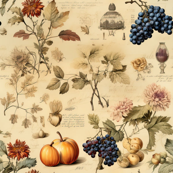 beige background, autumn colors, orange pumpkins, purple grapes, botanical illustrations, vintage style, fall harvest, dahlia flowers, vine leaves, acorns, nuts,, fabric panel, thanksgiving theme, warm tones, botanical motifs, seasonal fruits, harvest elements, muted palette, rustic charm
