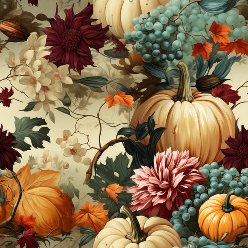 autumn harvest, thanksgiving theme, pumpkins, grapes, fall flowers, dahlia blooms, orange pumpkins, burgundy flowers, sage green grapes, cream background, botanical design, harvest abundance, fall foliage, maple leaves, vintage illustration,, fabric panel, warm autumn colors, seasonal motif, elegant florals