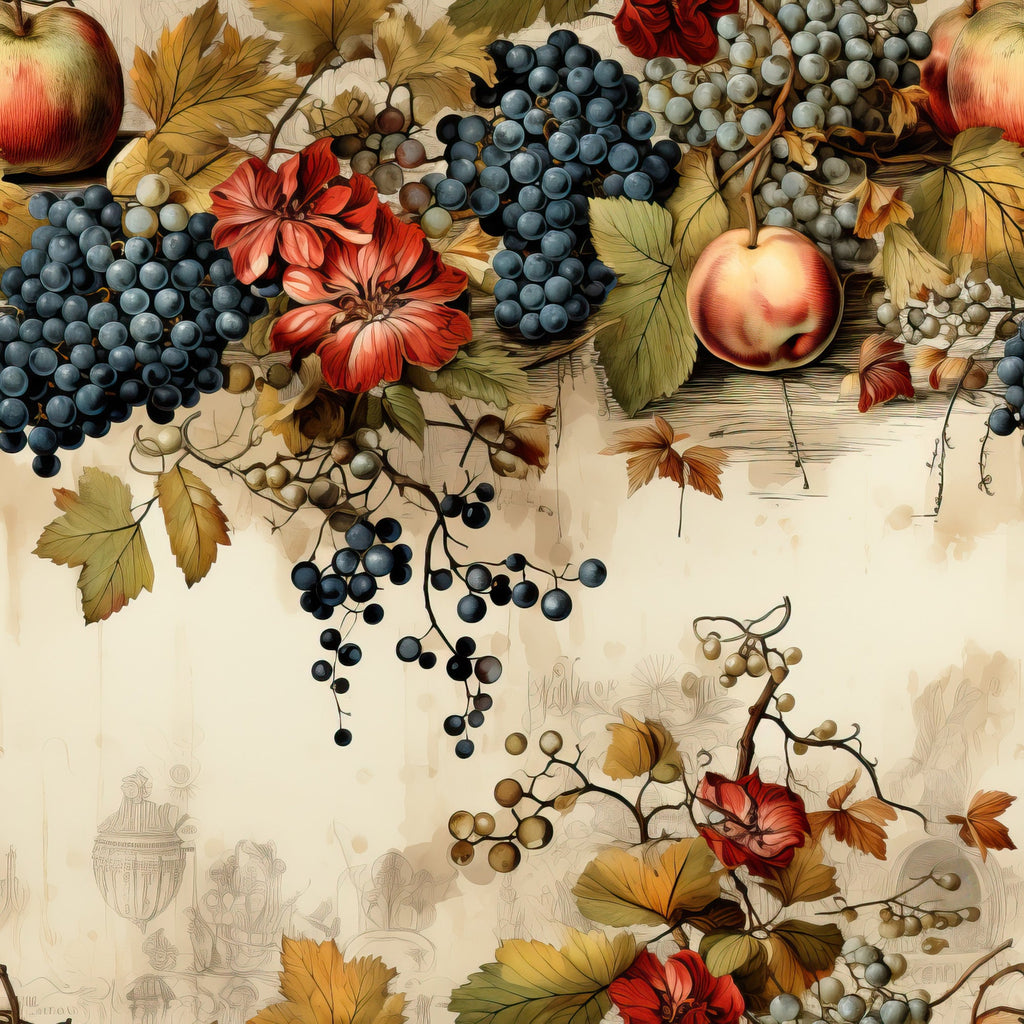 autumn harvest, grapes, apples, peaches, red flowers, golden leaves, burgundy, navy blue, cream background, botanical illustration, fruit clusters, vine pattern, fall foliage,, fabric panel, thanksgiving theme, vintage style, cornucopia elements, amber tones, seasonal motifs