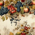 autumn harvest, grapes, apples, peaches, red flowers, golden leaves, burgundy, navy blue, cream background, botanical illustration, fruit clusters, vine pattern, fall foliage,, fabric panel, thanksgiving theme, vintage style, cornucopia elements, amber tones, seasonal motifs