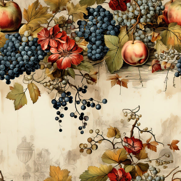 autumn harvest, grapes, apples, peaches, red flowers, golden leaves, burgundy, navy blue, cream background, botanical illustration, fruit clusters, vine pattern, fall foliage,, fabric panel, thanksgiving theme, vintage style, cornucopia elements, amber tones, seasonal motifs