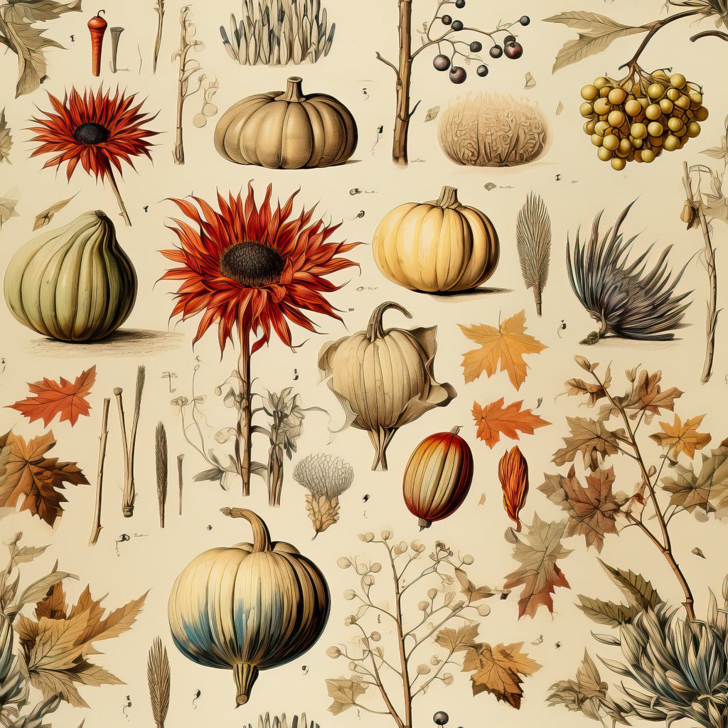 autumn harvest, pumpkins, sunflowers, fall leaves, botanical illustration, vintage style, warm earth tones, orange petals, golden yellow, cream background, wheat stalks, berries, gourds, maple leaves,, fabric panel, thanksgiving theme, rustic charm, nature motifs, seasonal elements