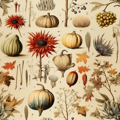 autumn harvest, pumpkins, sunflowers, fall leaves, botanical illustration, vintage style, warm earth tones, orange petals, golden yellow, cream background, wheat stalks, berries, gourds, maple leaves,, fabric panel, thanksgiving theme, rustic charm, nature motifs, seasonal elements