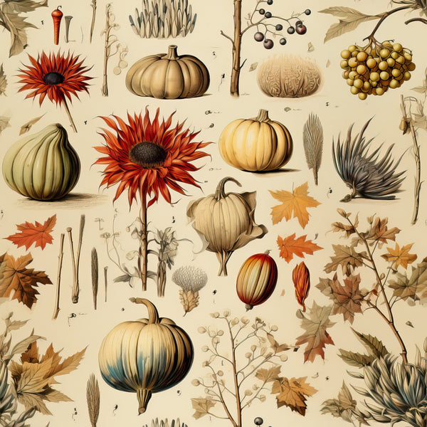 autumn harvest, pumpkins, sunflowers, fall leaves, botanical illustration, vintage style, warm earth tones, orange petals, golden yellow, cream background, wheat stalks, berries, gourds, maple leaves,, fabric panel, thanksgiving theme, rustic charm, nature motifs, seasonal elements