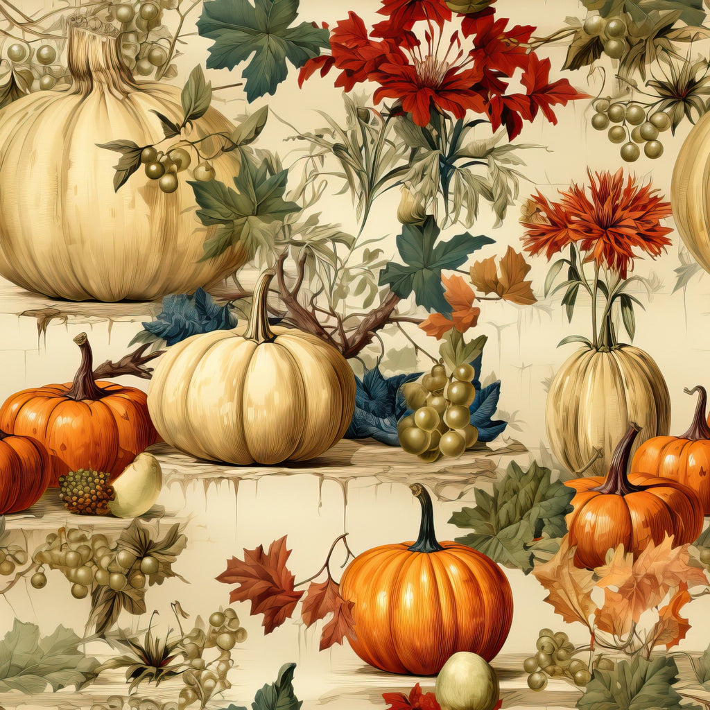 autumn harvest, pumpkins, orange gourds, cream pumpkins, fall leaves, grape clusters, red flowers, chrysanthemums, botanical illustration, warm tones, beige background, thanksgiving theme,, fabric panel, seasonal design, vintage style, detailed artwork, harvest bounty, fall florals, rustic elegance