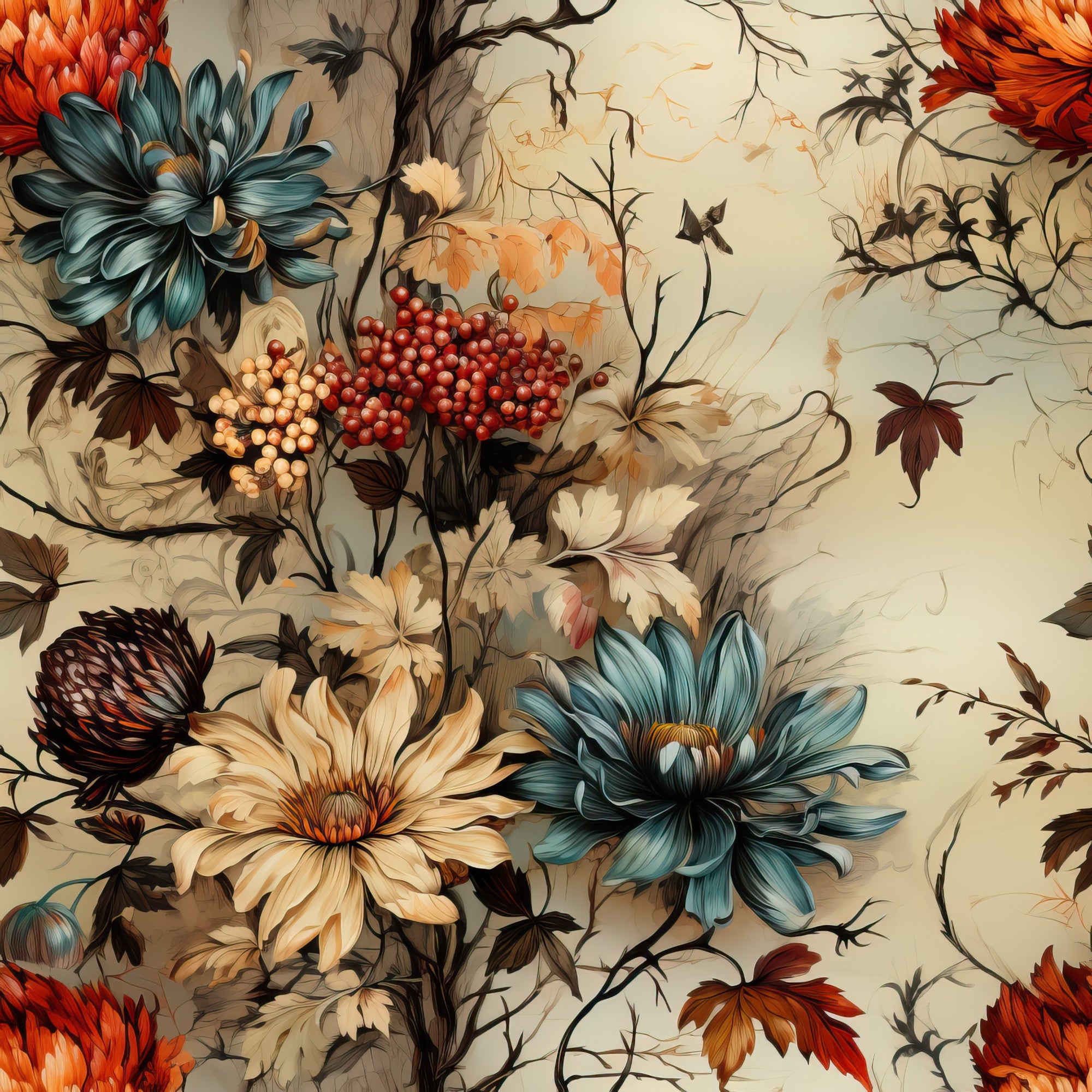 autumn flowers, teal petals, cream background, orange blooms, red berries, botanical illustration, vine motifs, fall foliage, burgundy leaves,, fabric panel, floral pattern, harvest theme, thanksgiving motif, decorative florals, muted earth tones, elegant design, seasonal artwork, cotton fabric, nature elements