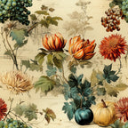 autumn harvest, thanksgiving theme, botanical illustration, vintage style, pumpkins, gourds, grapes, chrysanthemums, orange flowers, cream background, green foliage, wine grapes, fall colors, burnt orange, sage green, golden yellow,, fabric panel, seasonal motifs, harvest bounty