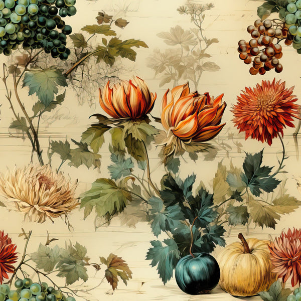 autumn harvest, thanksgiving theme, botanical illustration, vintage style, pumpkins, gourds, grapes, chrysanthemums, orange flowers, cream background, green foliage, wine grapes, fall colors, burnt orange, sage green, golden yellow,, fabric panel, seasonal motifs, harvest bounty