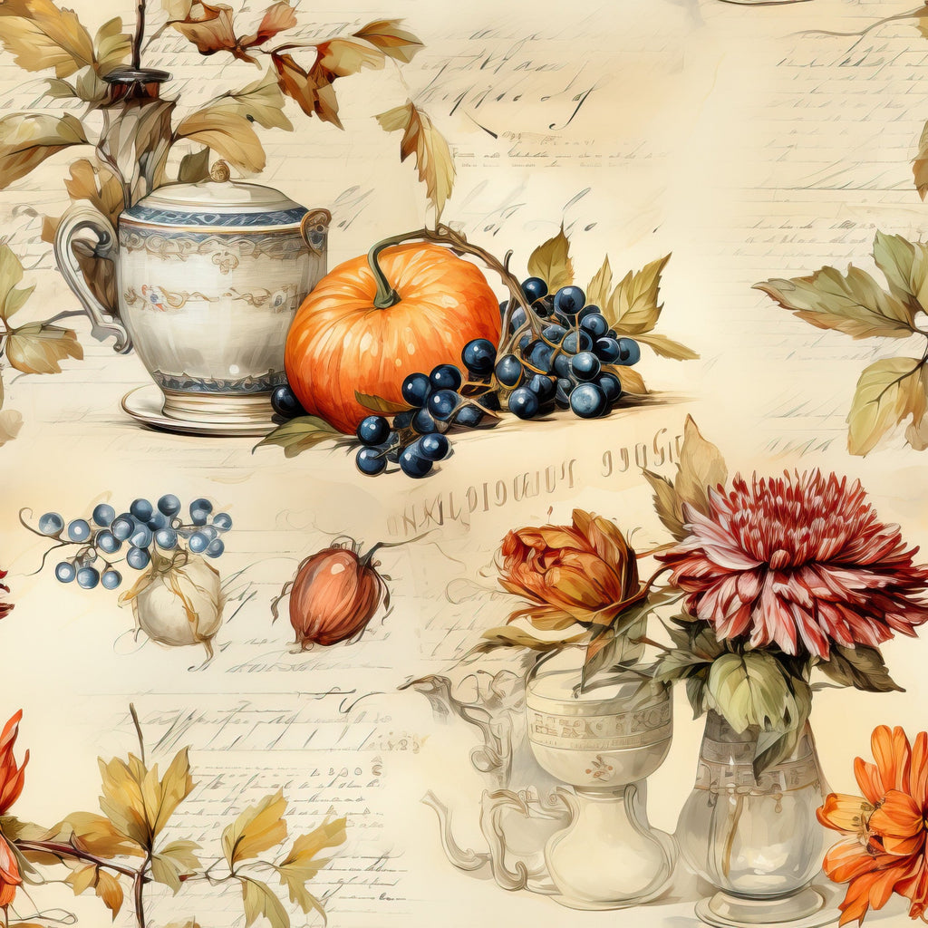 autumn harvest, thanksgiving theme, orange pumpkin, dark blue grapes, vintage teapots, fall leaves, golden yellow, burgundy flowers, cream background, botanical elements, still life arrangement, elegant florals, seasonal fruits,, fabric panel, warm earth tones, rustic charm, harvest bounty, decorative vessels, autumn foliage