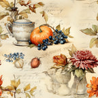 autumn harvest, thanksgiving theme, orange pumpkin, dark blue grapes, vintage teapots, fall leaves, golden yellow, burgundy flowers, cream background, botanical elements, still life arrangement, elegant florals, seasonal fruits,, fabric panel, warm earth tones, rustic charm, harvest bounty, decorative vessels, autumn foliage