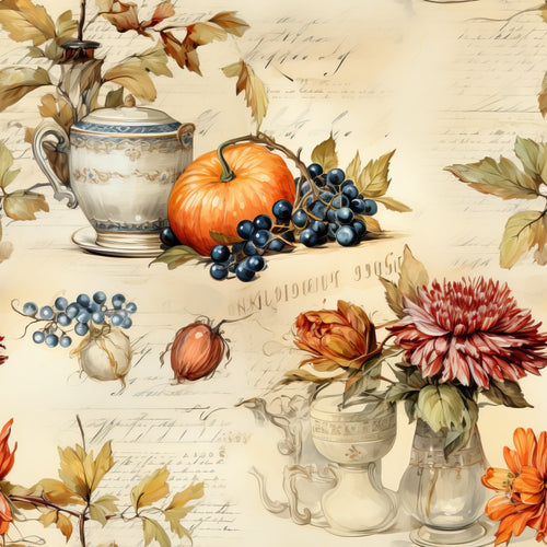 autumn harvest, thanksgiving theme, orange pumpkin, dark blue grapes, vintage teapots, fall leaves, golden yellow, burgundy flowers, cream background, botanical elements, still life arrangement, elegant florals, seasonal fruits,, fabric panel, warm earth tones, rustic charm, harvest bounty, decorative vessels, autumn foliage