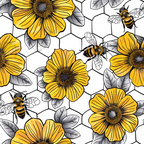 Yellow flowers and bees pattern on a hexagonal grid background, with detailed petals and leaves.