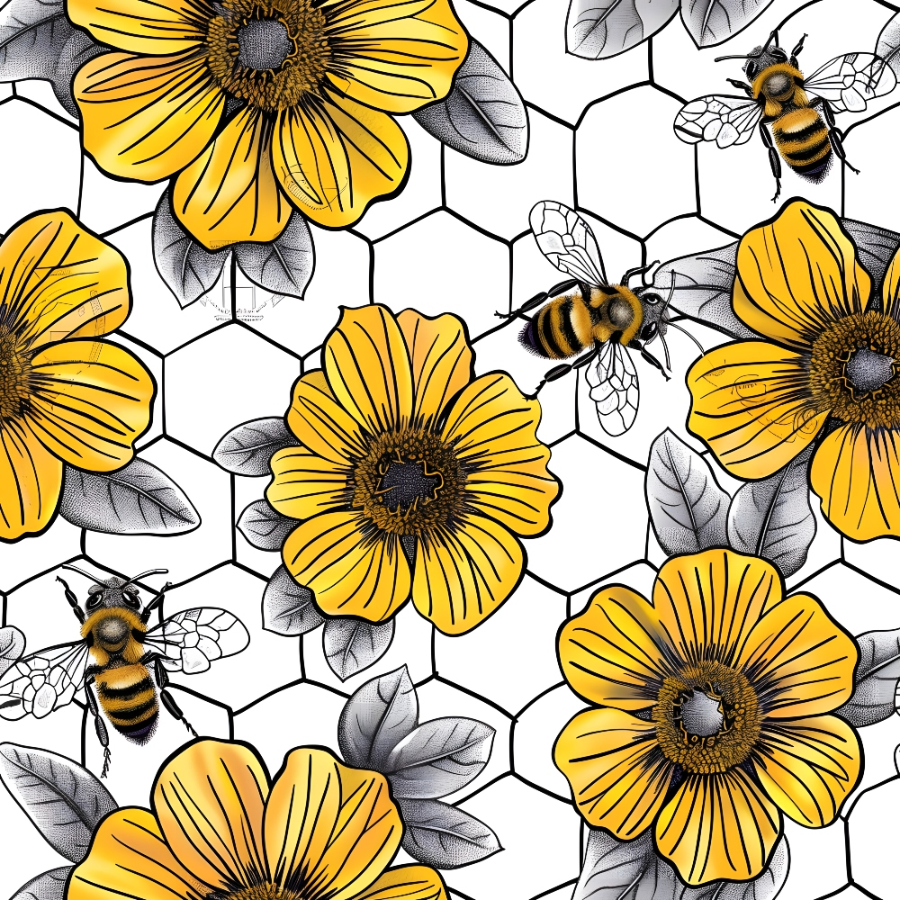 Yellow flowers and bees pattern on a hexagonal grid background, with detailed petals and leaves.
