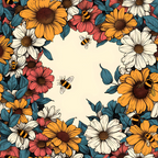 Colorful floral wreath with daisies, sunflowers, and foliage, featuring bees flying around on a plain background.