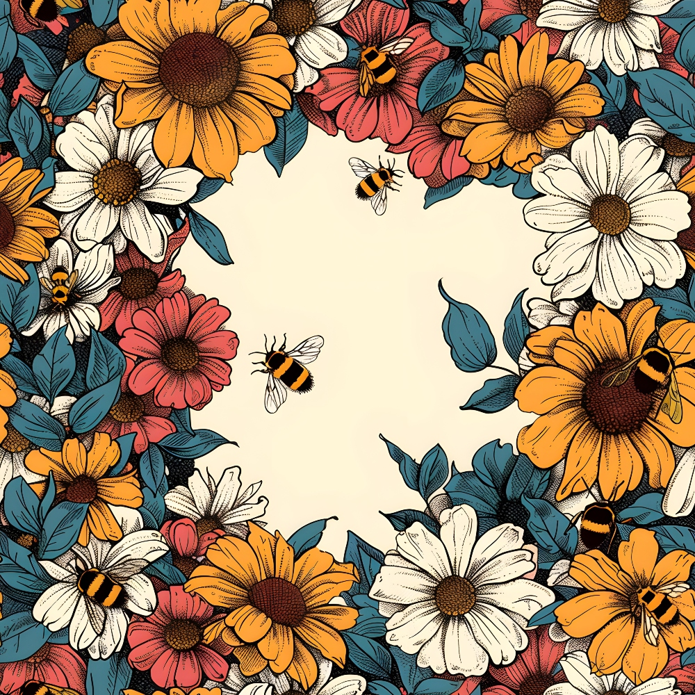 Colorful floral wreath with daisies, sunflowers, and foliage, featuring bees flying around on a plain background.