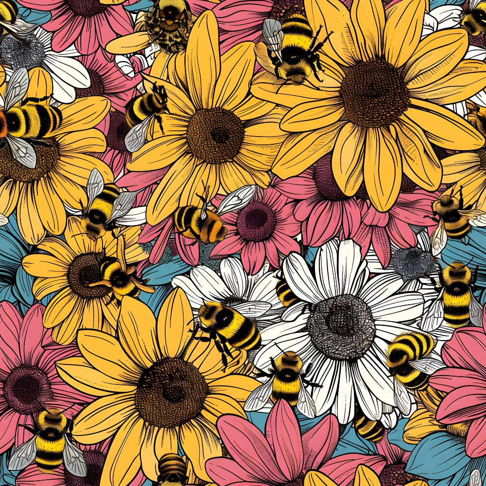 Illustration of bees on colorful daisies and sunflowers in shades of yellow, pink, blue, and white.