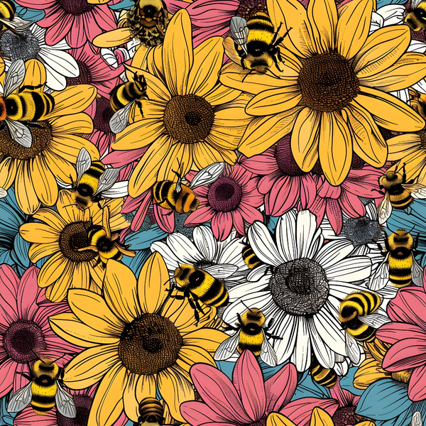Illustration of bees on colorful daisies and sunflowers in shades of yellow, pink, blue, and white.