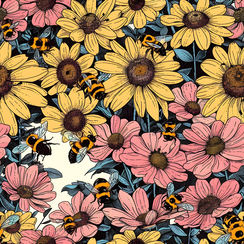 Illustration of bees buzzing around yellow and pink flowers in a garden setting.