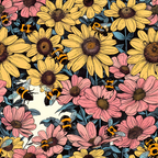 Illustration of bees buzzing around yellow and pink flowers in a garden setting.