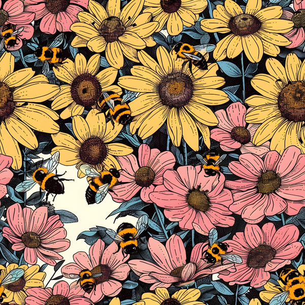 Illustration of bees buzzing around yellow and pink flowers in a garden setting.